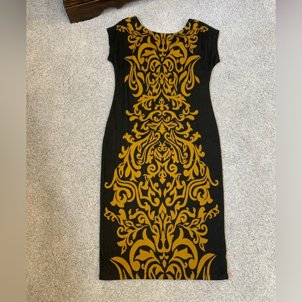 Cato Black Gold Pattern Dress MEDIUM Fitted Bodycon Beautiful